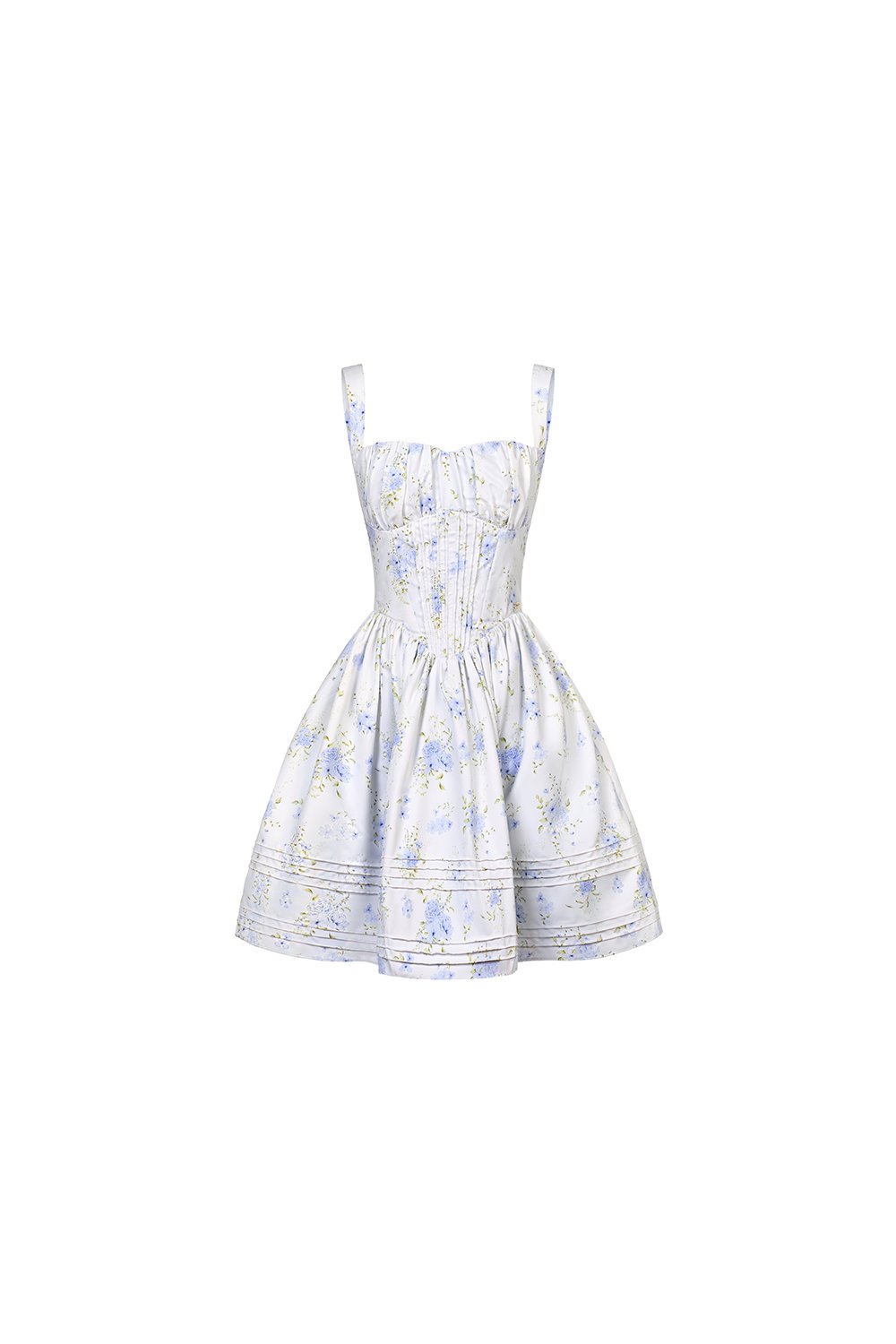 Amoryn Pintuck Ruched Mini Dress in Blue Blooming Bunches