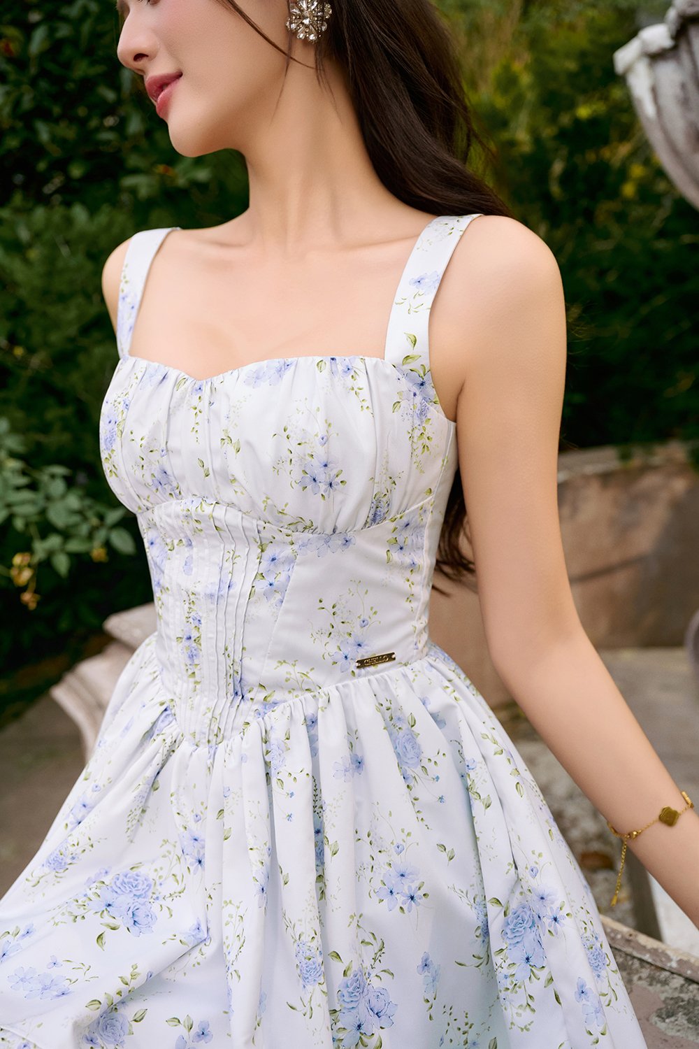 Amoryn Pintuck Ruched Mini Dress in Blue Blooming Bunches