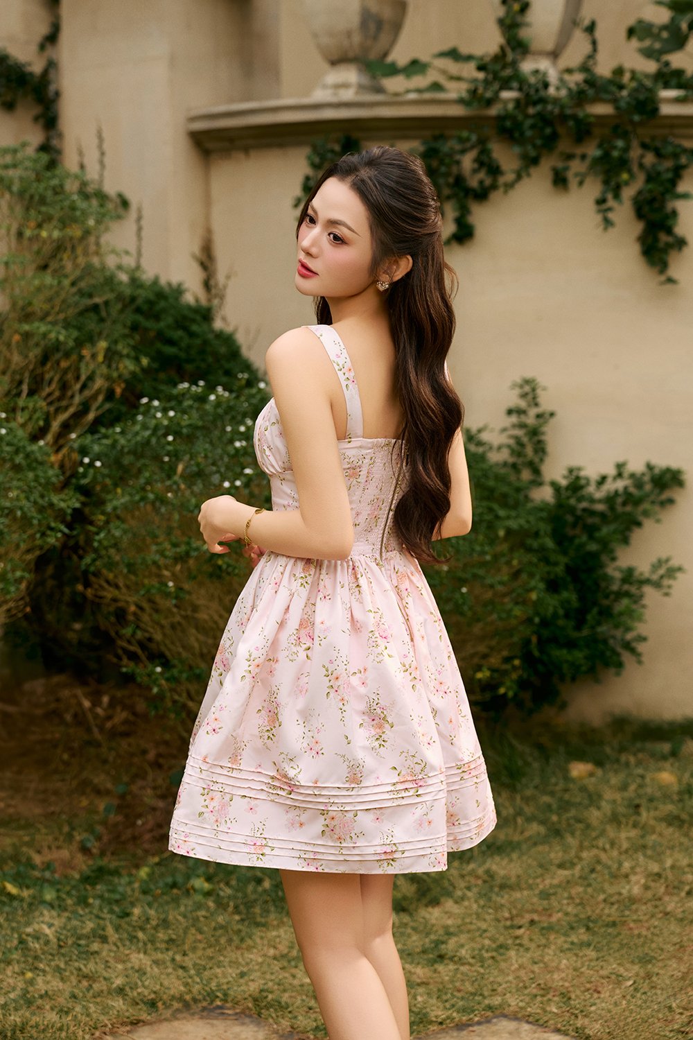 Amoryn Pintuck Ruched Mini Dress in Nude Blush Blooming Bunches