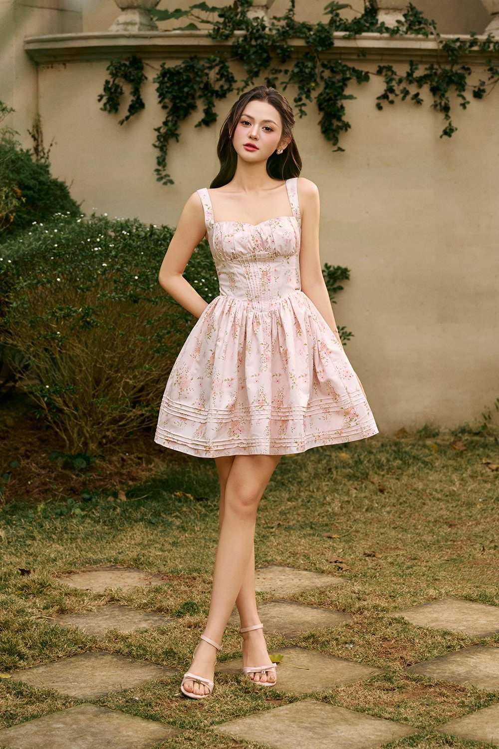 Amoryn Pintuck Ruched Mini Dress in Nude Blush Blooming Bunches