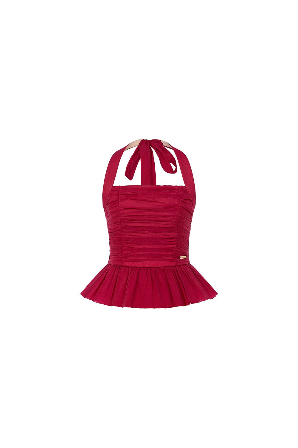 Anya Padded Ribbon Tie Halter Peplum Top in Cherry Red