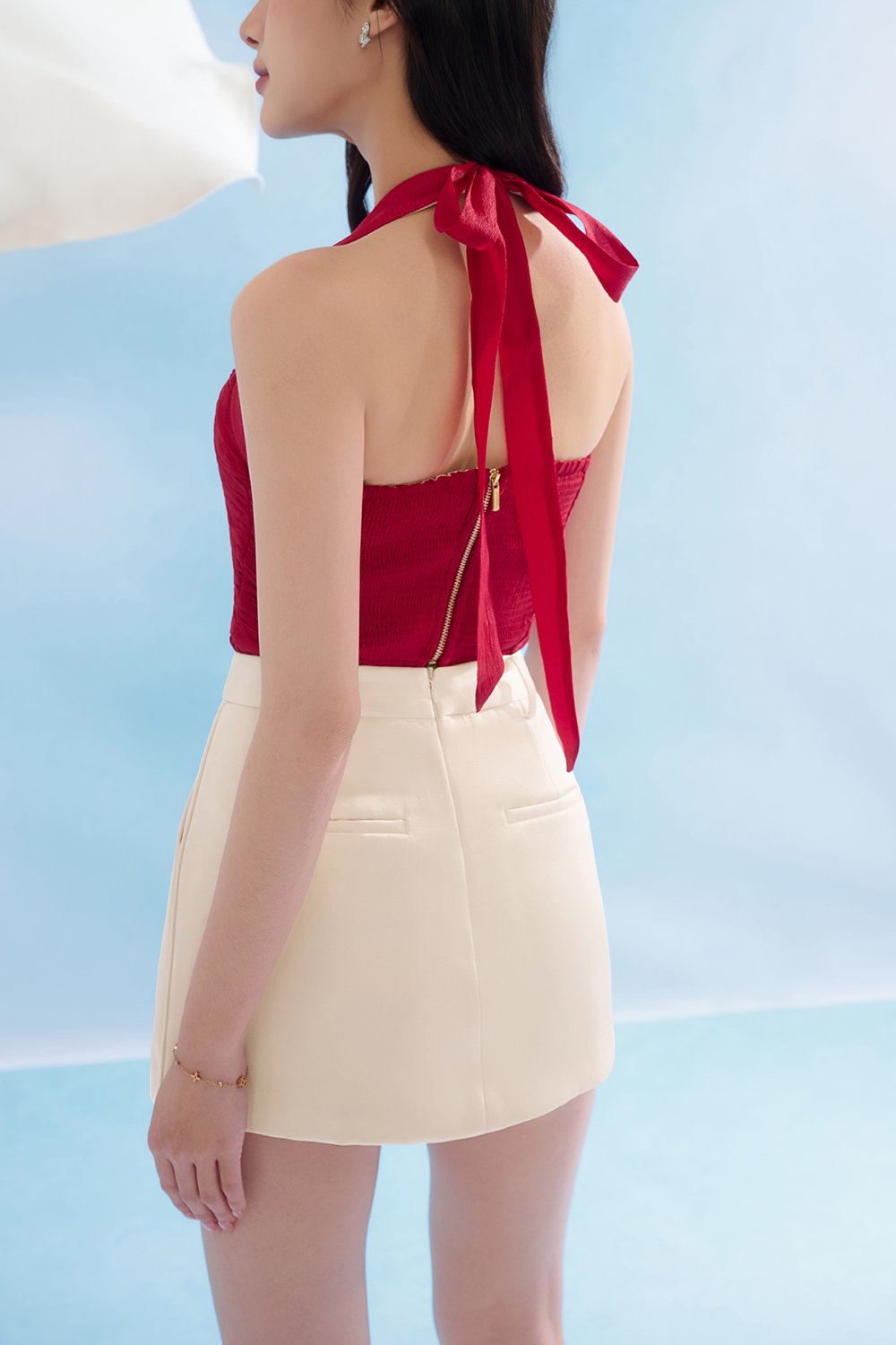Anya Padded Ribbon Tie Halter Peplum Top in Cherry Red