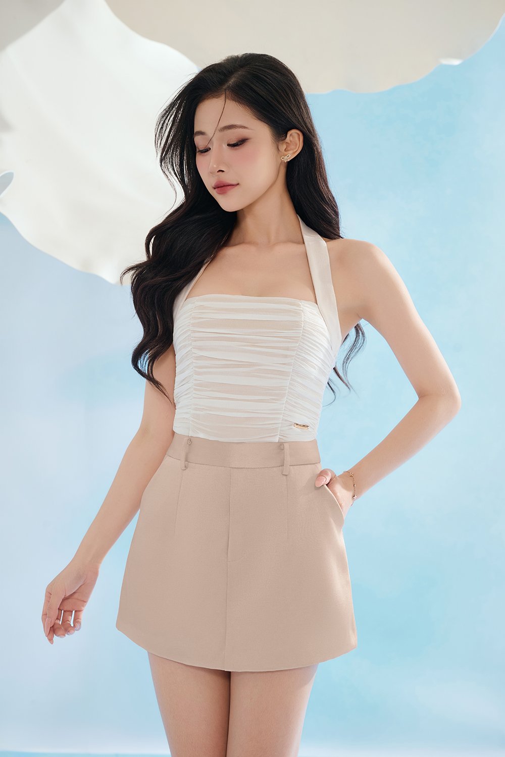 Anya Padded Ribbon Tie Halter Peplum Top in Iconic White