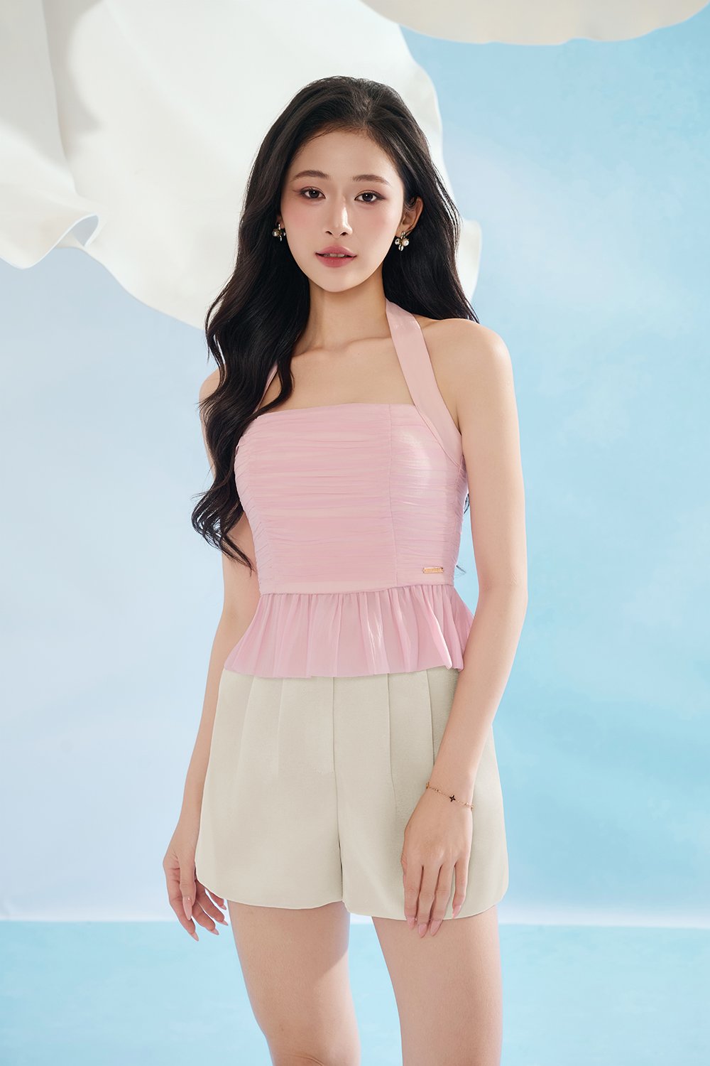 Anya Padded Ribbon Tie Halter Peplum Top in Lacey Pink