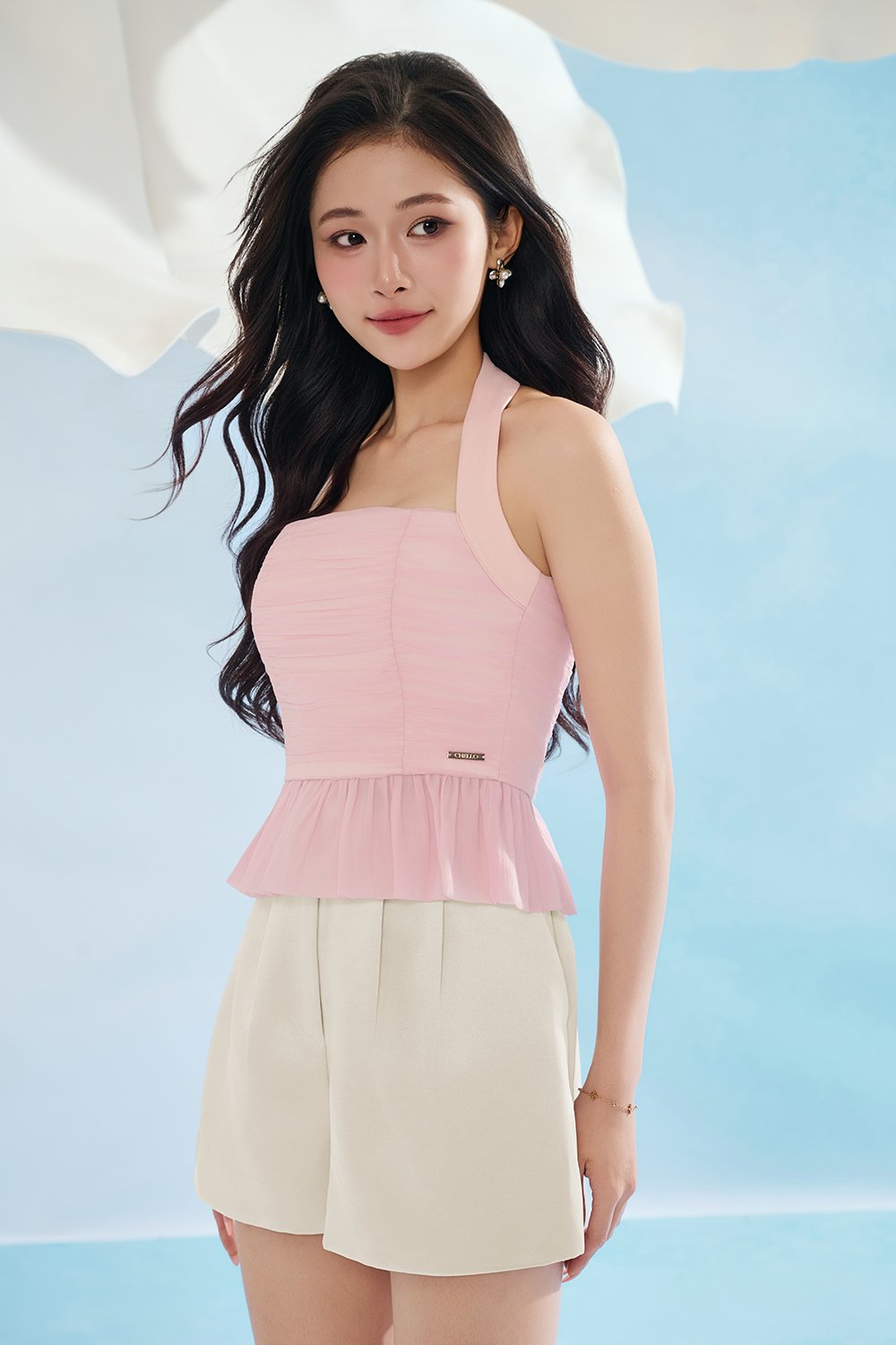 Anya Padded Ribbon Tie Halter Peplum Top in Lacey Pink