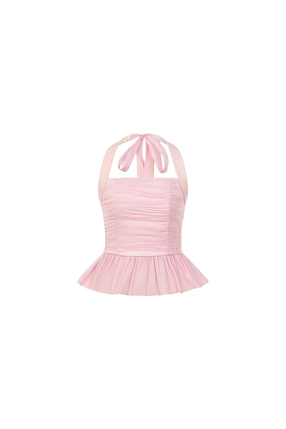 Anya Padded Ribbon Tie Halter Peplum Top in Lacey Pink