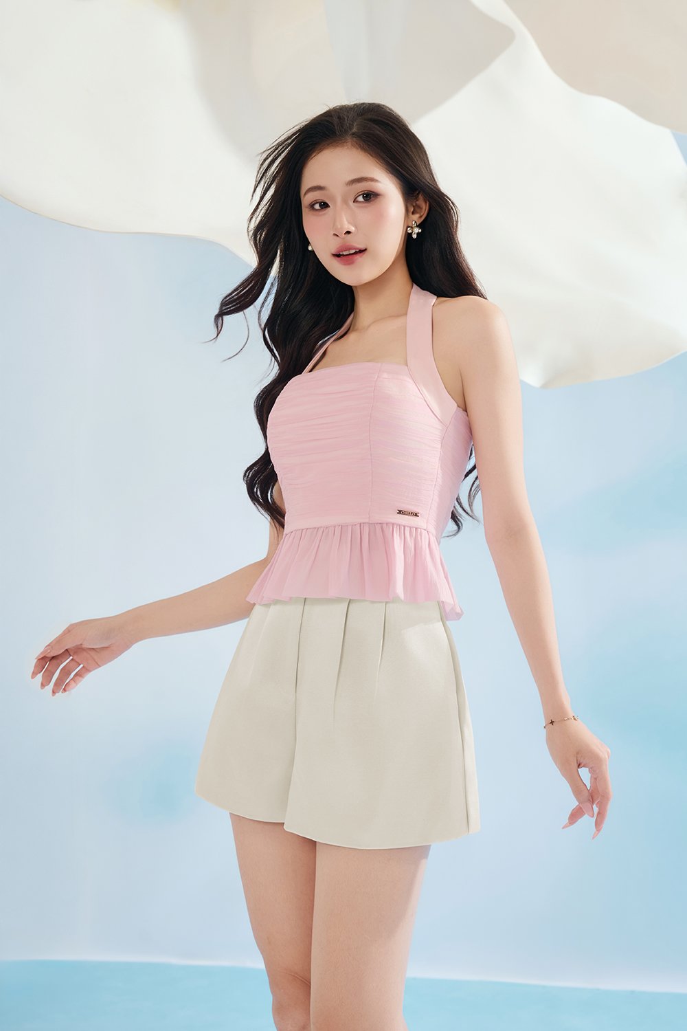Anya Padded Ribbon Tie Halter Peplum Top in Lacey Pink