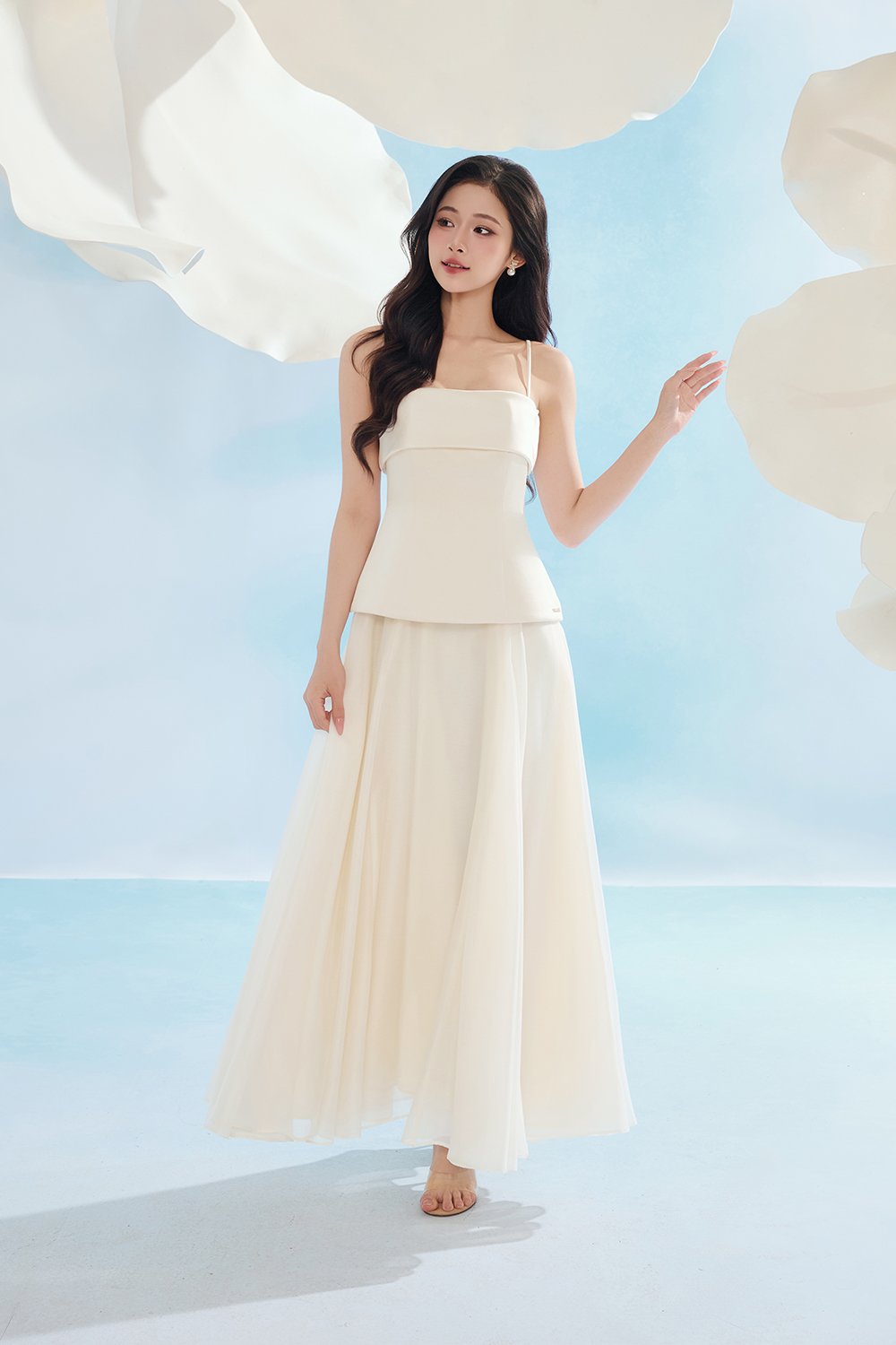 Astra Padded Straight Neckline Contrast Maxi Dress in Crem&eacute;