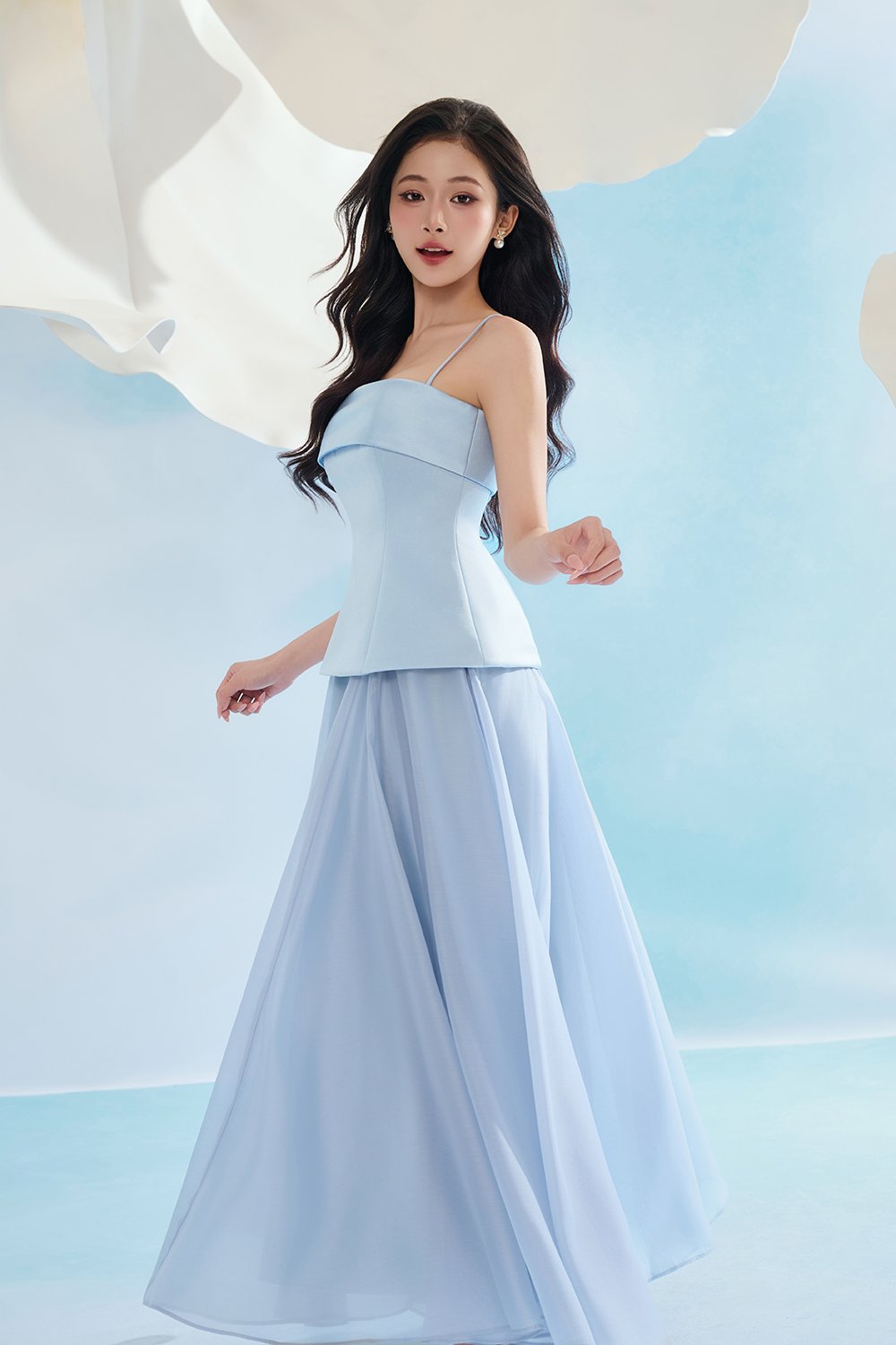 Astra Padded Straight Neckline Contrast Maxi Dress in Frost Blue