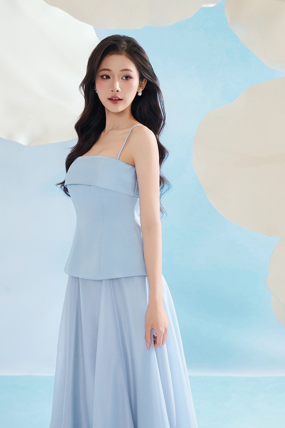 Astra Padded Straight Neckline Contrast Maxi Dress in Frost Blue