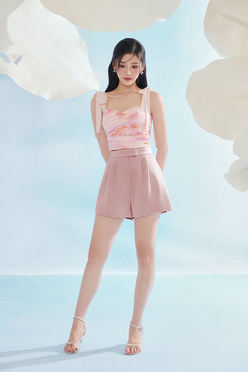 Aviva Sateen Pleated High Waist Shorts in Cherry Blossom