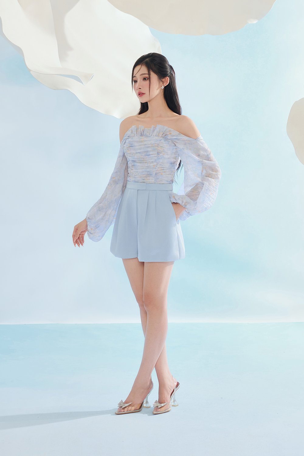 Aviva Sateen Pleated High Waist Shorts in Pastel Blue