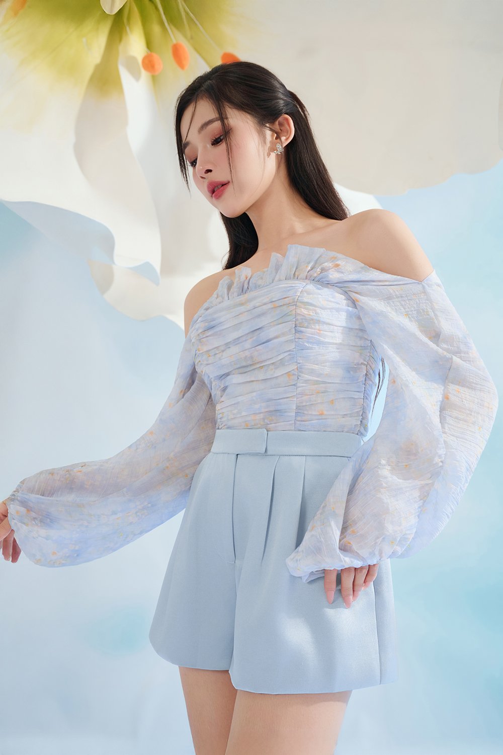 Aviva Sateen Pleated High Waist Shorts in Pastel Blue