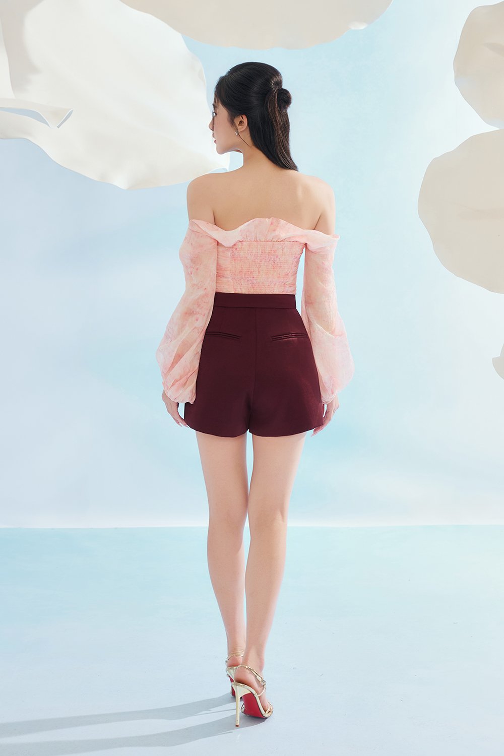Aviva Sateen Pleated High Waist Shorts in Pinot Noir