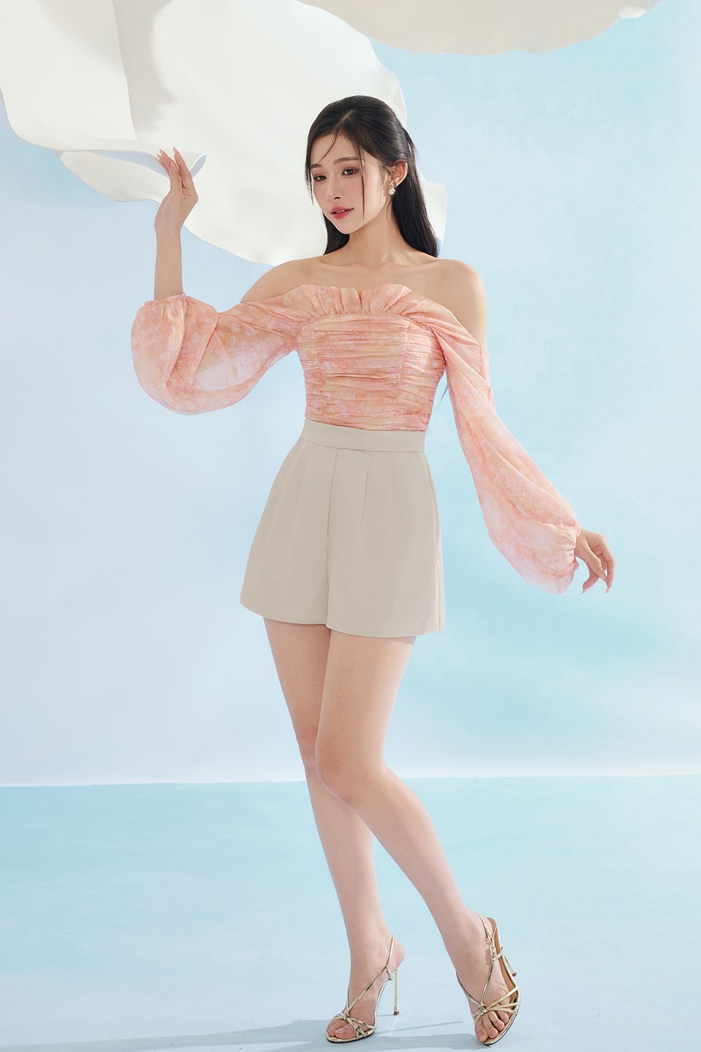 Aviva Sateen Pleated High Waist Shorts in Taupe Champagne