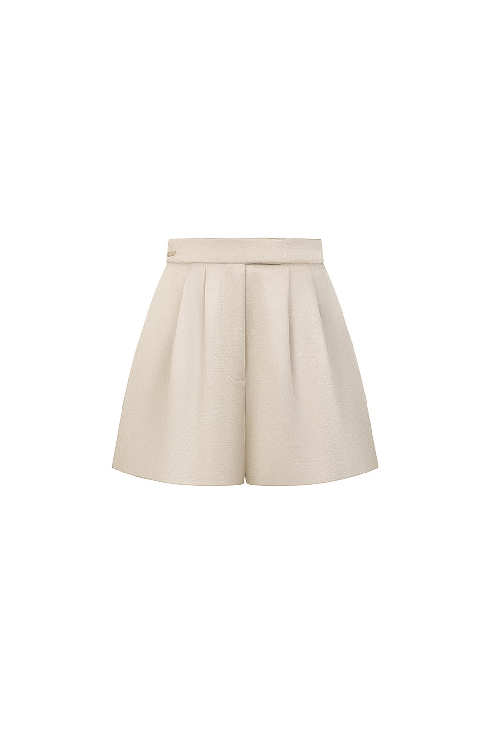 Aviva Sateen Pleated High Waist Shorts in Taupe Champagne