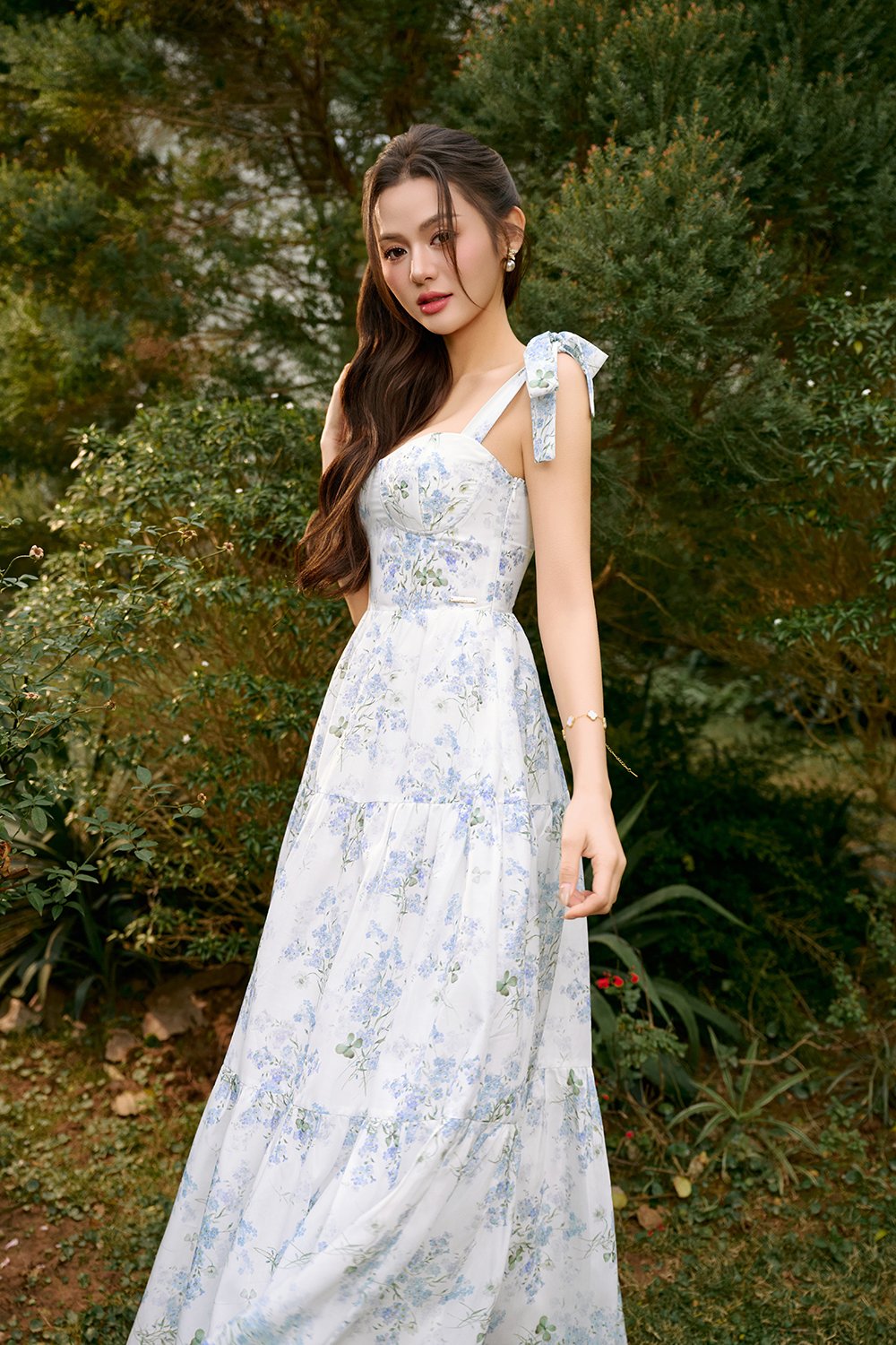 Belle Removable Ribbon Straps Bustier Tiered Maxi Dress in Fleurison Ciel