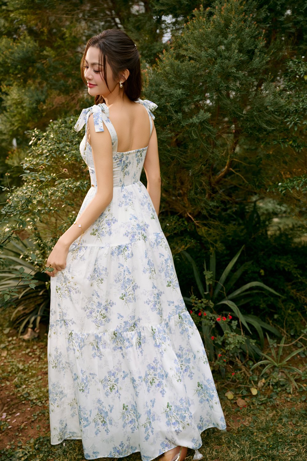 Belle Removable Ribbon Straps Bustier Tiered Maxi Dress in Fleurison Ciel