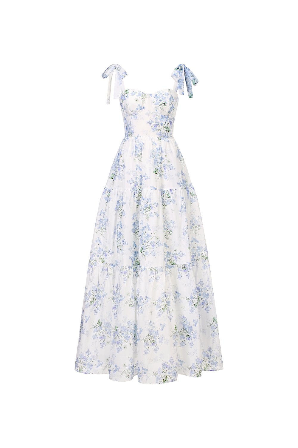 Belle Removable Ribbon Straps Bustier Tiered Maxi Dress in Fleurison Ciel