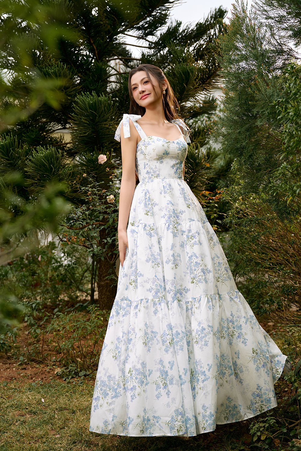 Belle Removable Ribbon Straps Bustier Tiered Maxi Dress in Fleurison Ciel