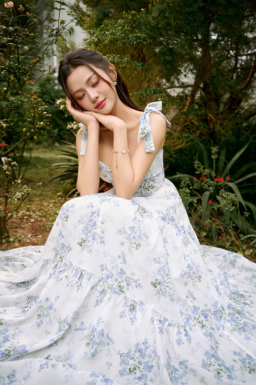 Belle Removable Ribbon Straps Bustier Tiered Maxi Dress in Fleurison Ciel