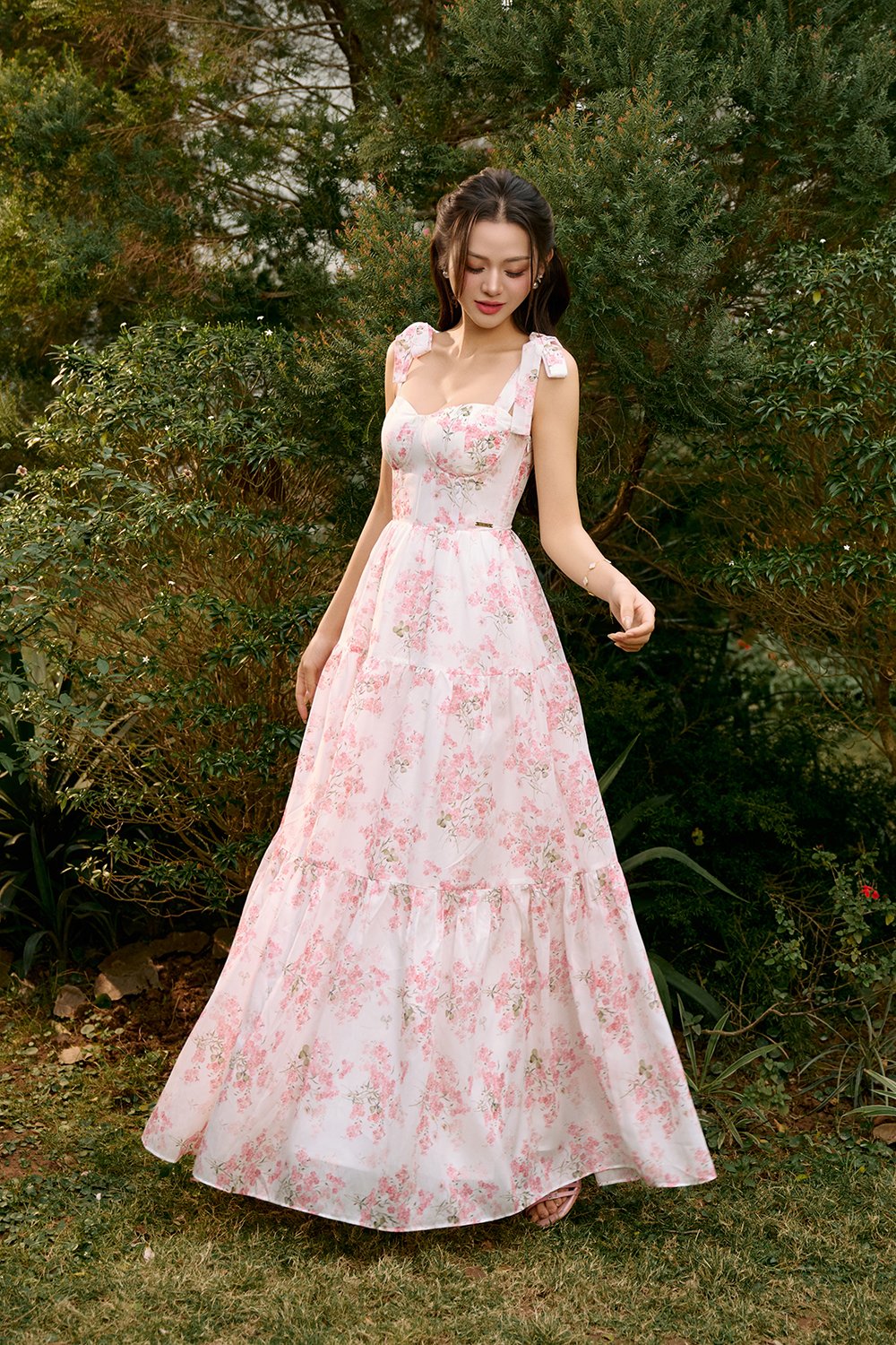 Belle Removable Ribbon Straps Bustier Tiered Maxi Dress in Fleurison Ros&eacute;e