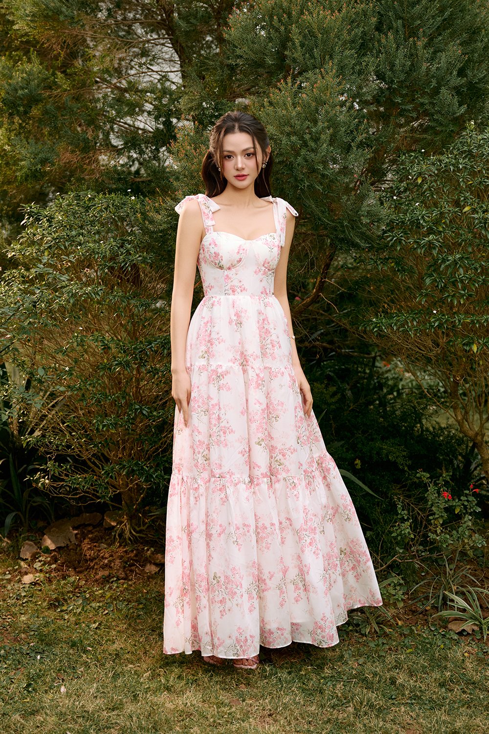 Belle Removable Ribbon Straps Bustier Tiered Maxi Dress in Fleurison Ros&eacute;e