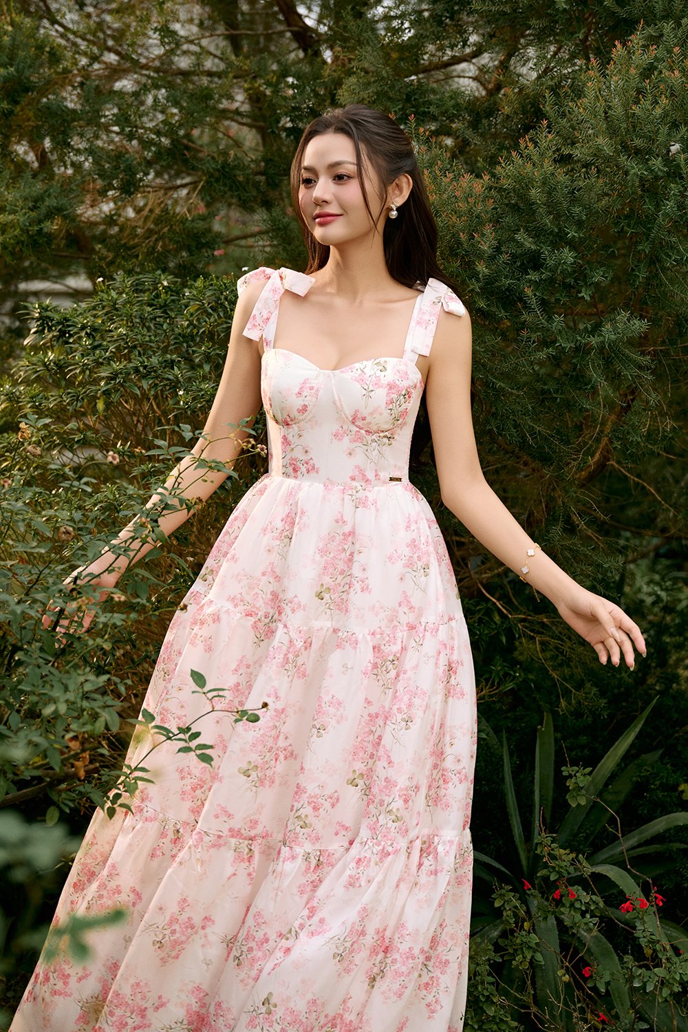 Belle Removable Ribbon Straps Bustier Tiered Maxi Dress in Fleurison Ros&eacute;e