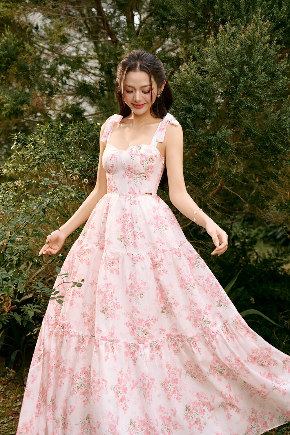 Belle Removable Ribbon Straps Bustier Tiered Maxi Dress in Fleurison Ros&eacute;e