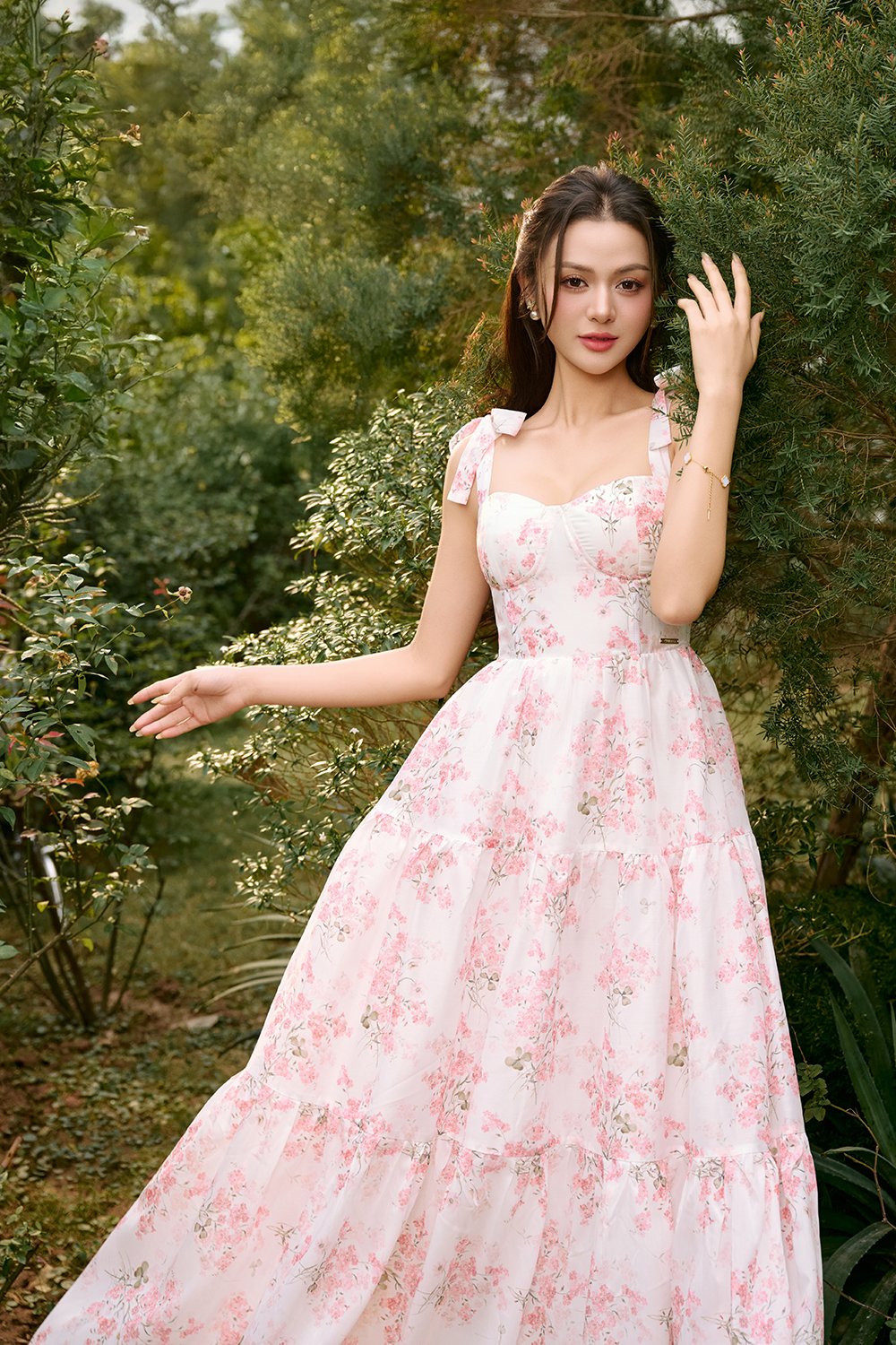 Belle Removable Ribbon Straps Bustier Tiered Maxi Dress in Fleurison Ros&eacute;e