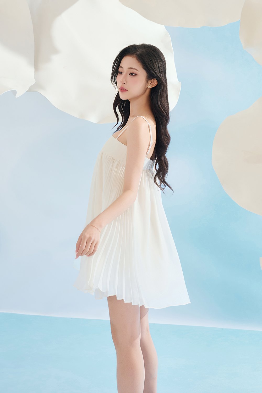 Brenna Straight Neck Flouncy Mini Dress in Ivory Veil