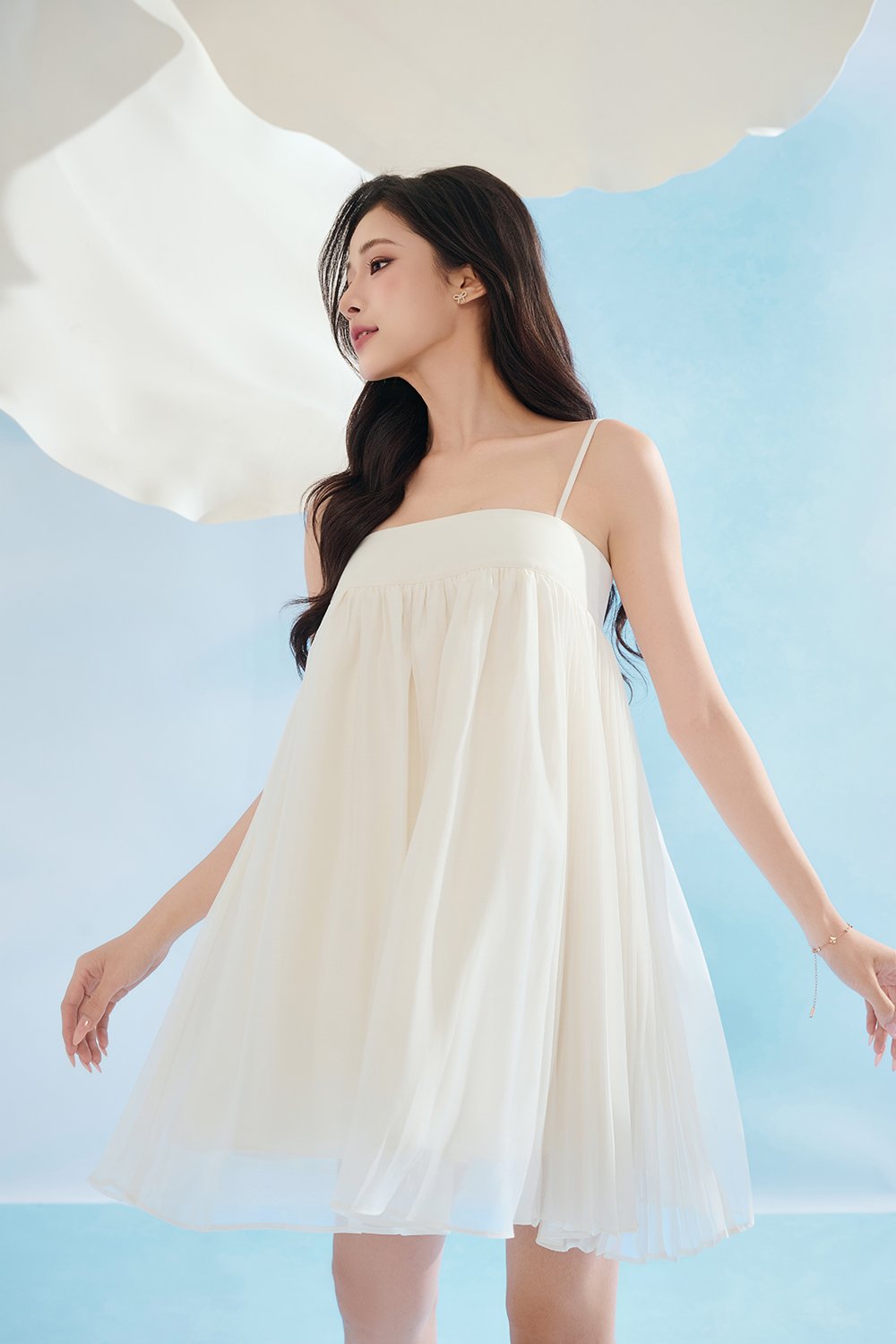 Brenna Straight Neck Flouncy Mini Dress in Ivory Veil