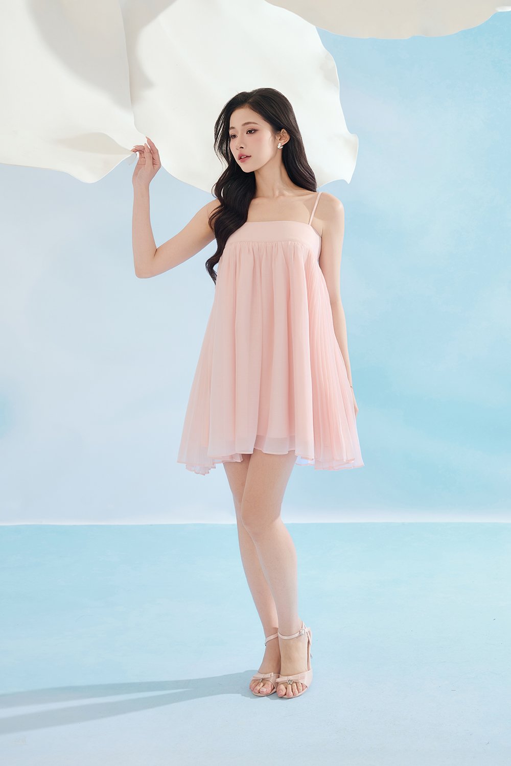 Brenna Straight Neck Flouncy Mini Dress in Whisper Pink