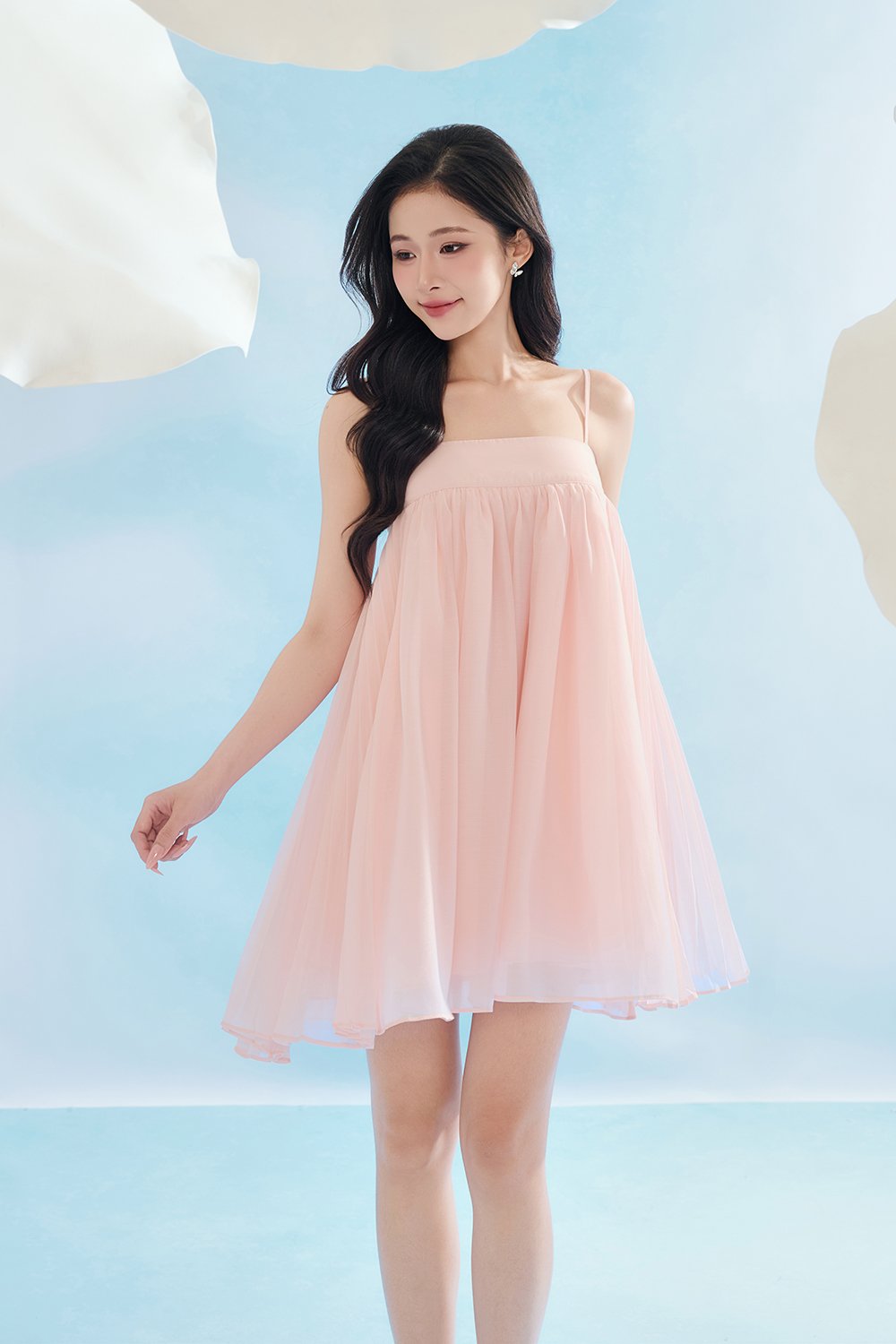 Brenna Straight Neck Flouncy Mini Dress in Whisper Pink