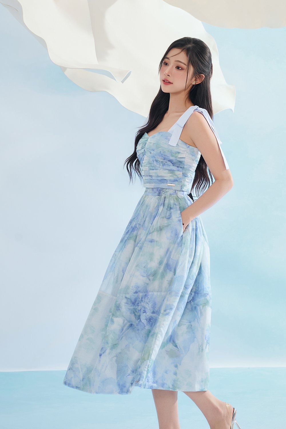 Calypso High Waist Midi Skirt in Blue Po&eacute;me