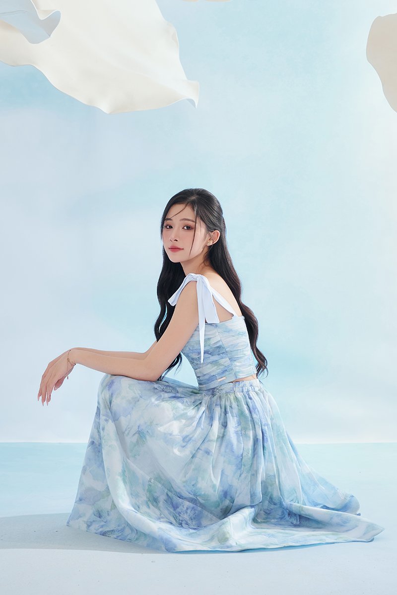 Calypso High Waist Midi Skirt in Blue Po&eacute;me