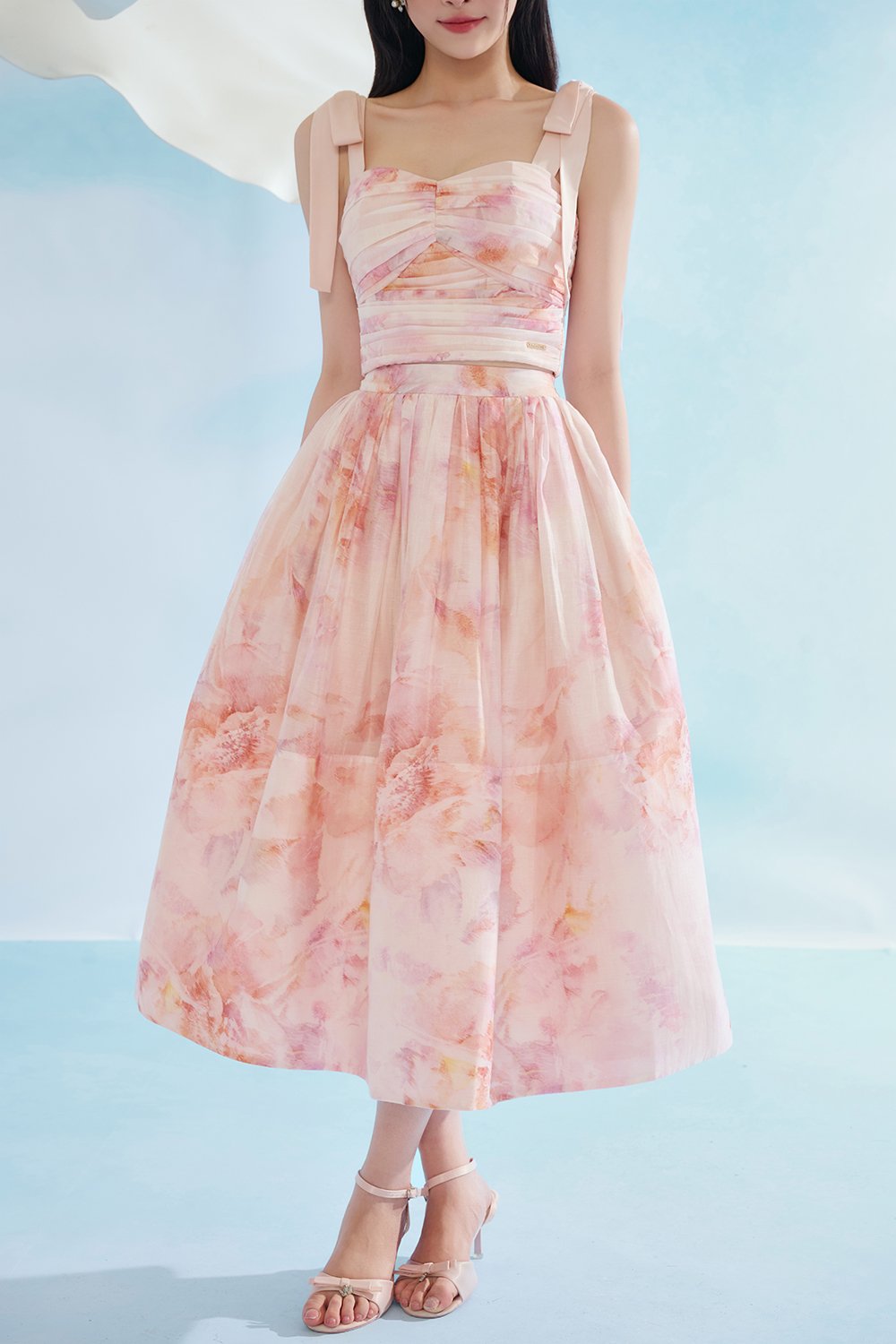 Calypso High Waist Midi Skirt in Feather Pink Po&eacute;me