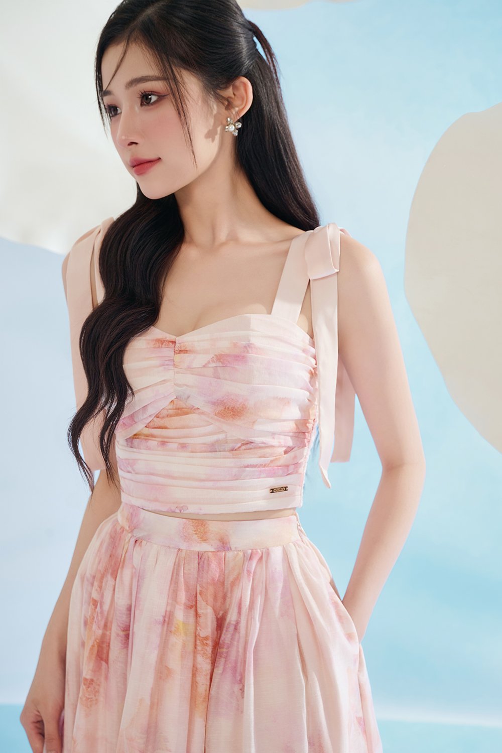 Calypso Padded Removable Ribbon Straps Crop Top in Feather Pink Po&eacute;me