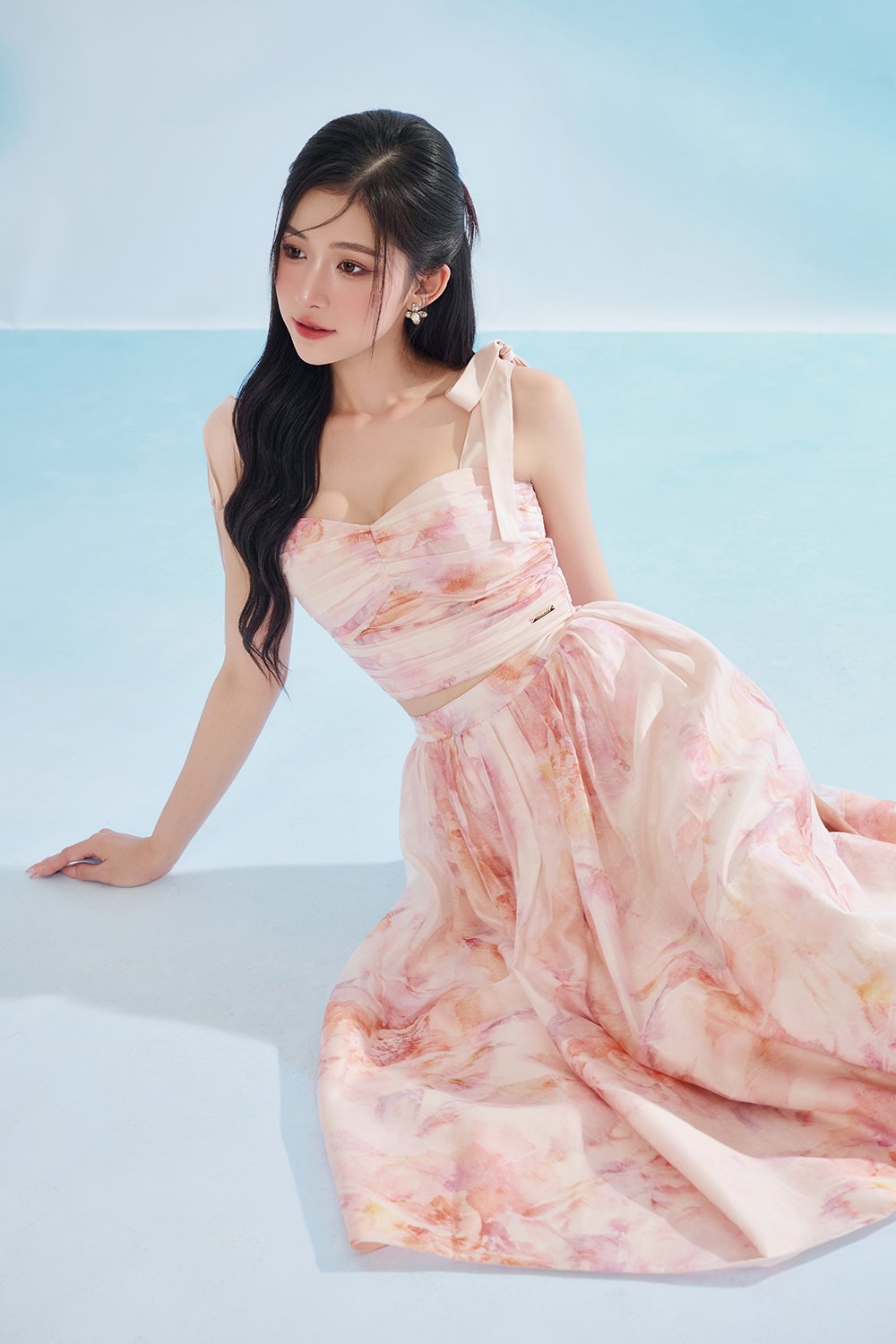 Calypso Padded Removable Ribbon Straps Crop Top in Feather Pink Po&eacute;me