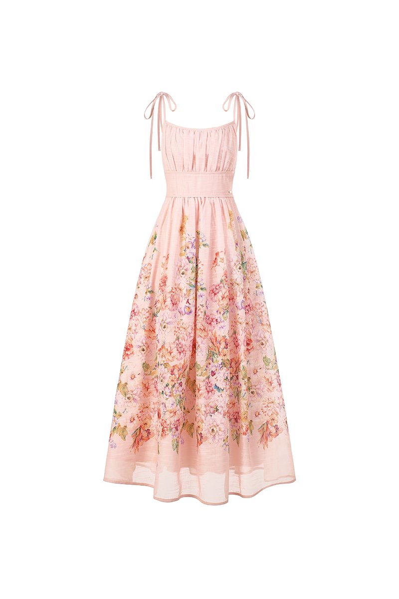 Ciel Padded Ribbon Strap Ruched Bust Midi Dress in Pink Enchanted Meadow