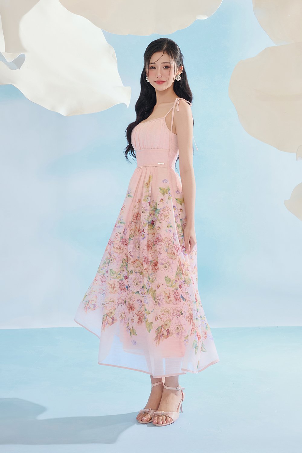 Ciel Padded Ribbon Strap Ruched Bust Midi Dress in Pink Enchanted Meadow