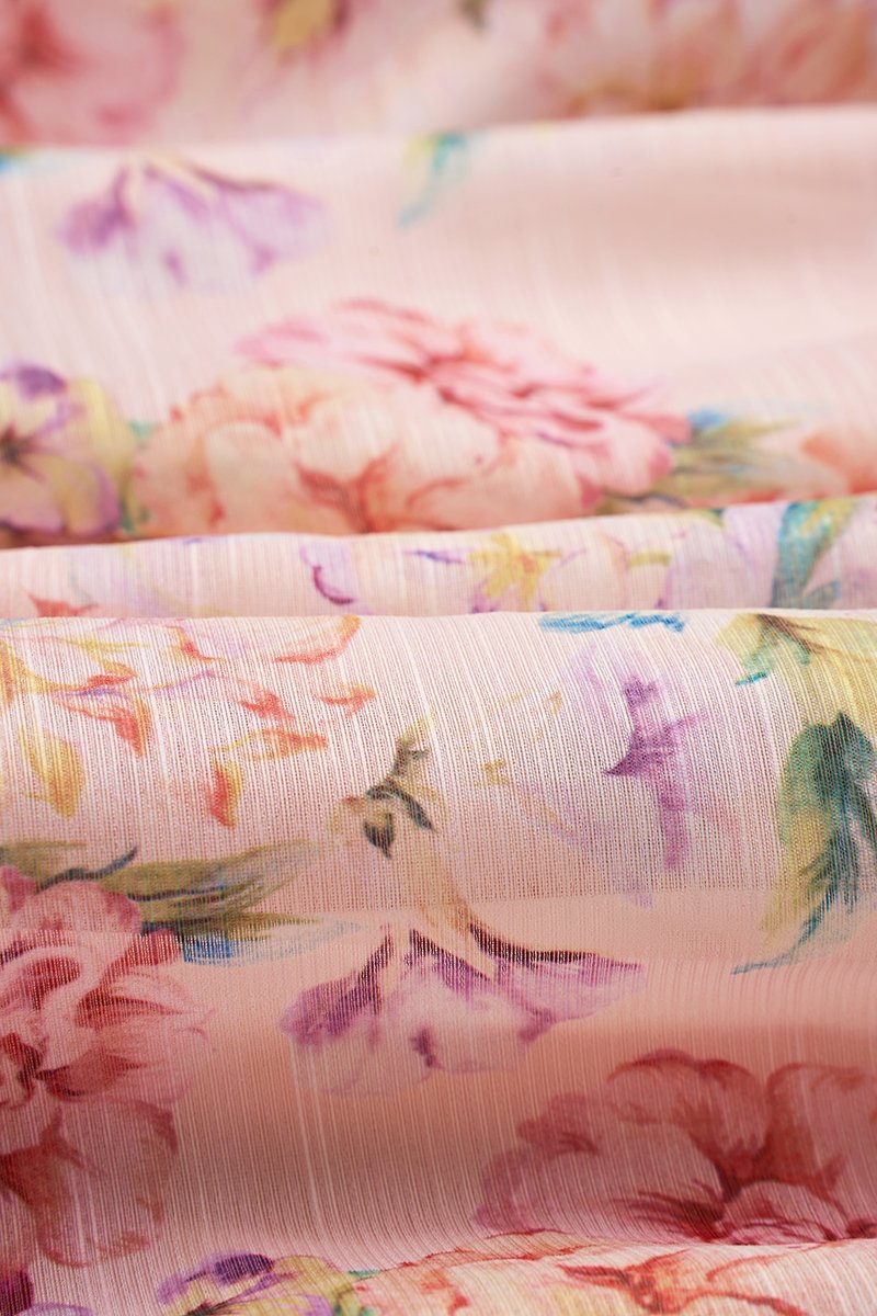 Ciel Padded Ribbon Strap Ruched Bust Midi Dress in Pink Enchanted Meadow