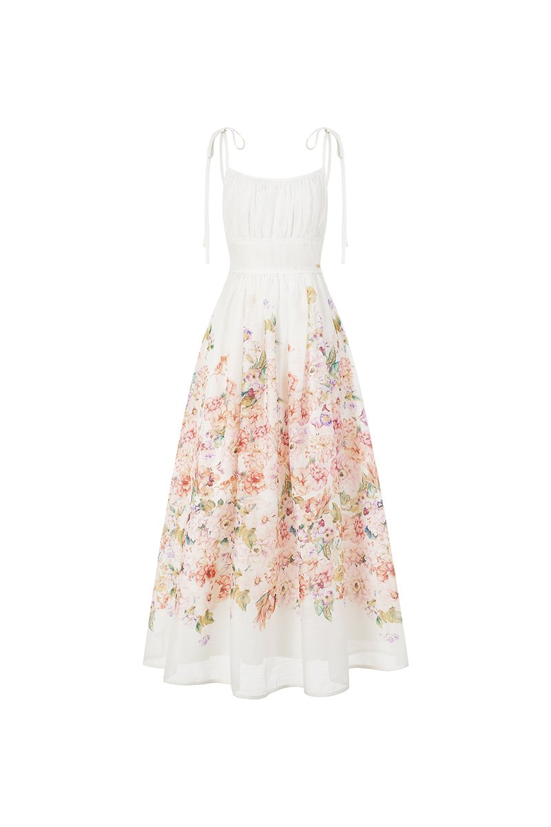Ciel Padded Ribbon Strap Ruched Bust Midi Dress in Soft Enchanted Meadow
