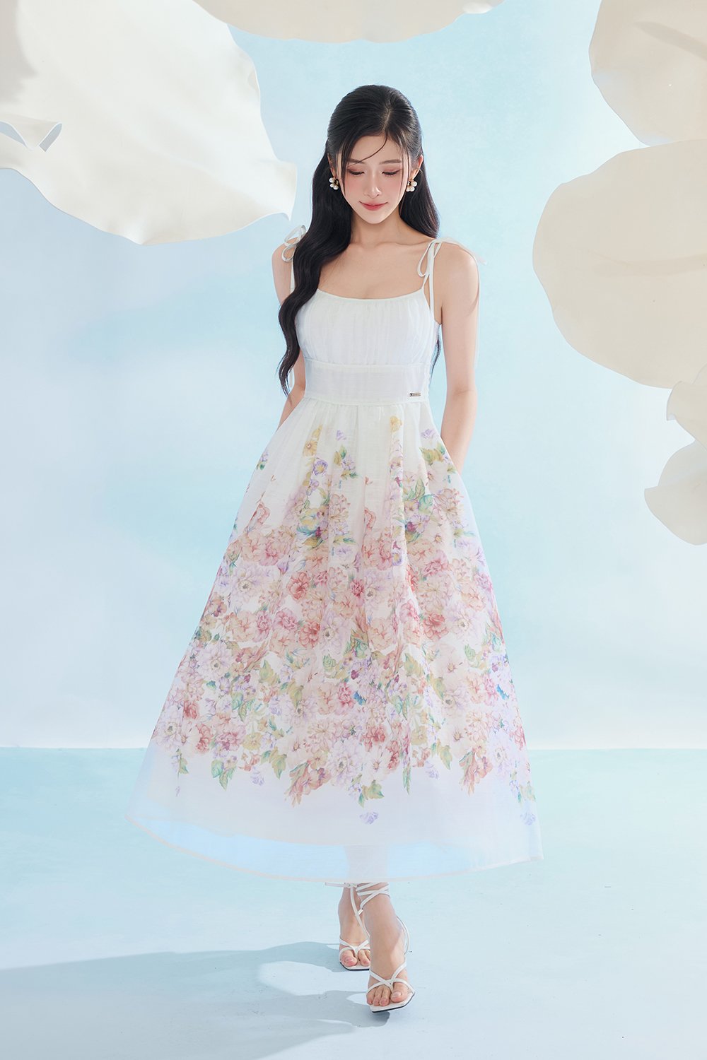 Ciel Padded Ribbon Strap Ruched Bust Midi Dress in Soft Enchanted Meadow