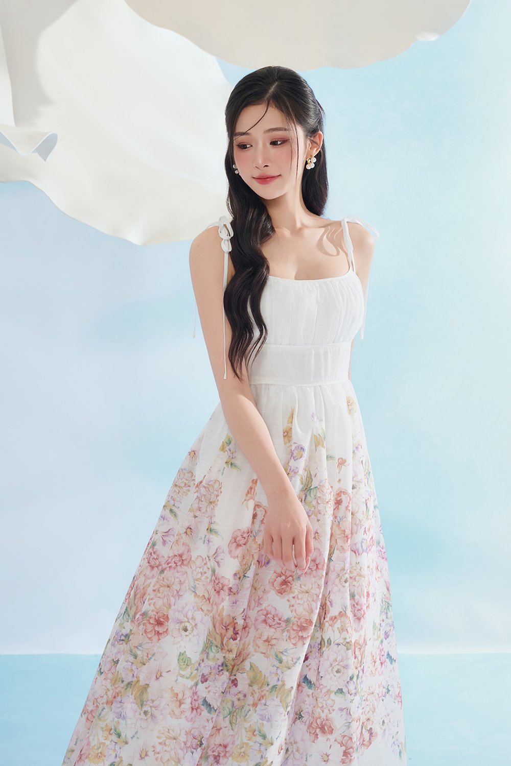 Ciel Padded Ribbon Strap Ruched Bust Midi Dress in Soft Enchanted Meadow