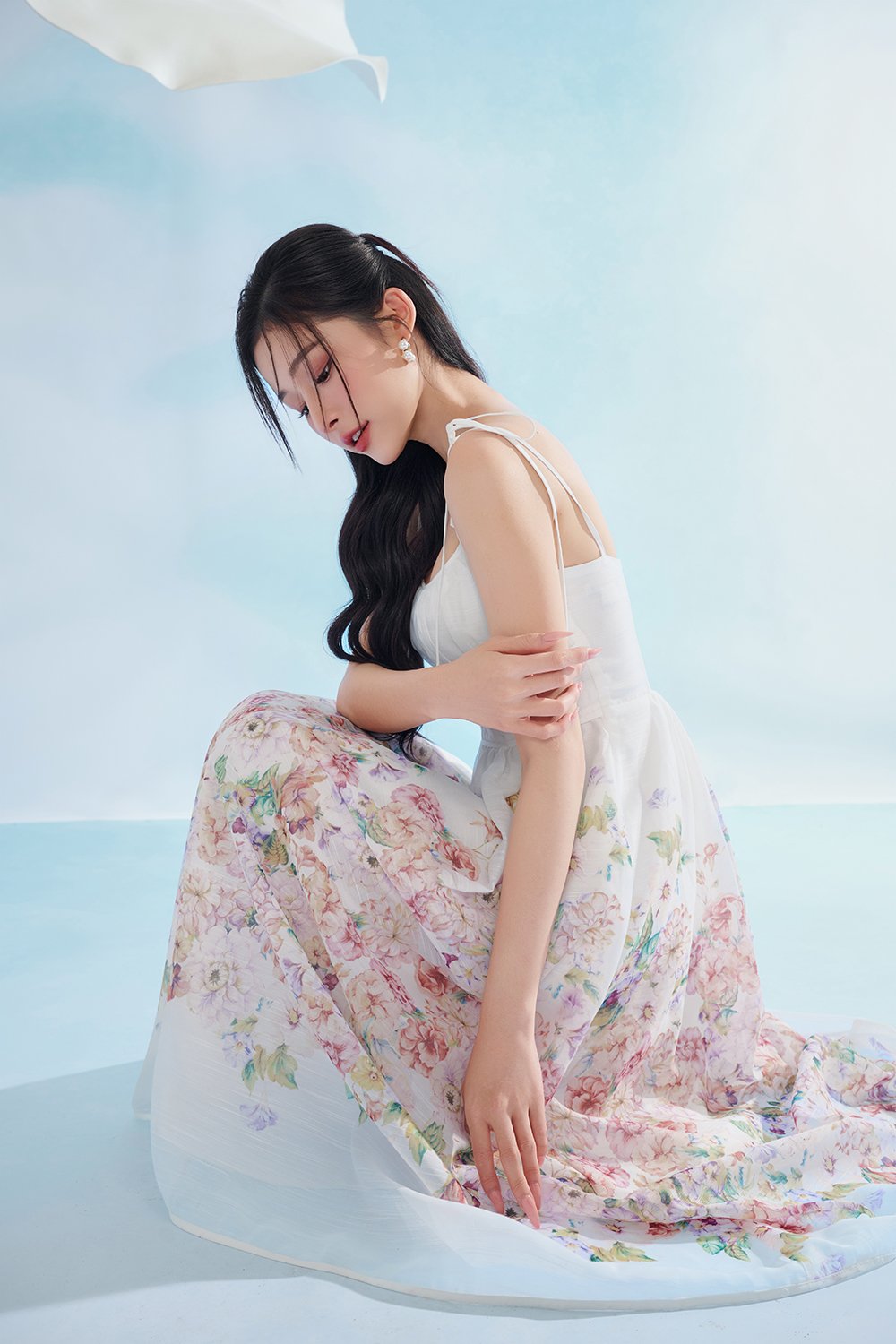 Ciel Padded Ribbon Strap Ruched Bust Midi Dress in Soft Enchanted Meadow