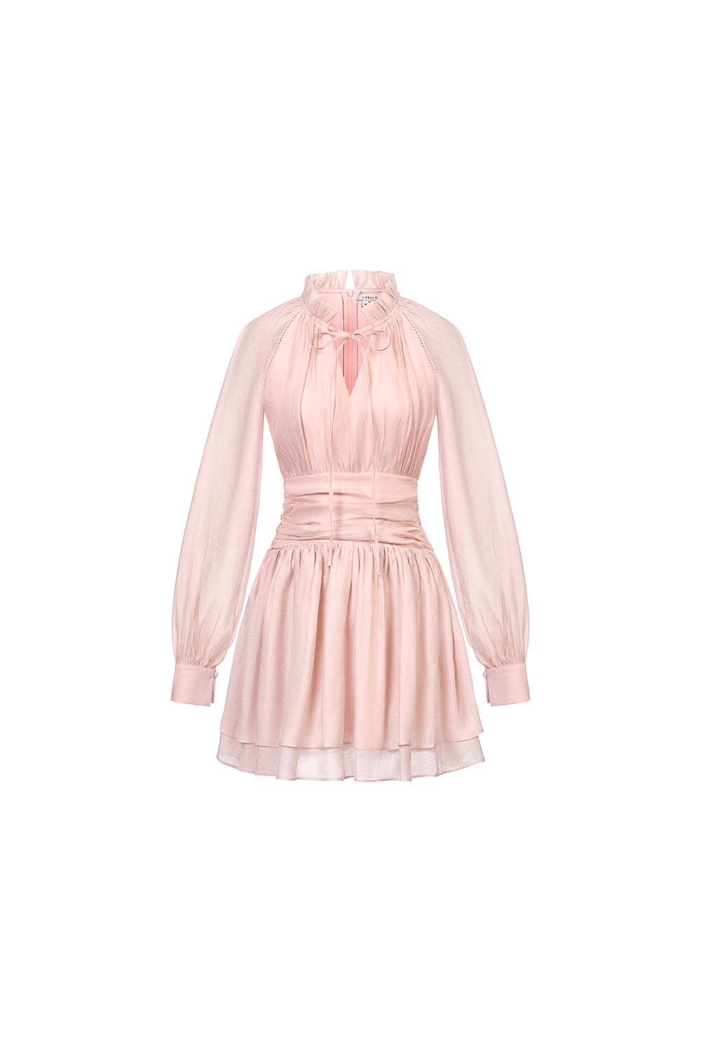 Cosette Billowy Sleeves Ruched Waist Tiered Mini Dress in Blush Glow