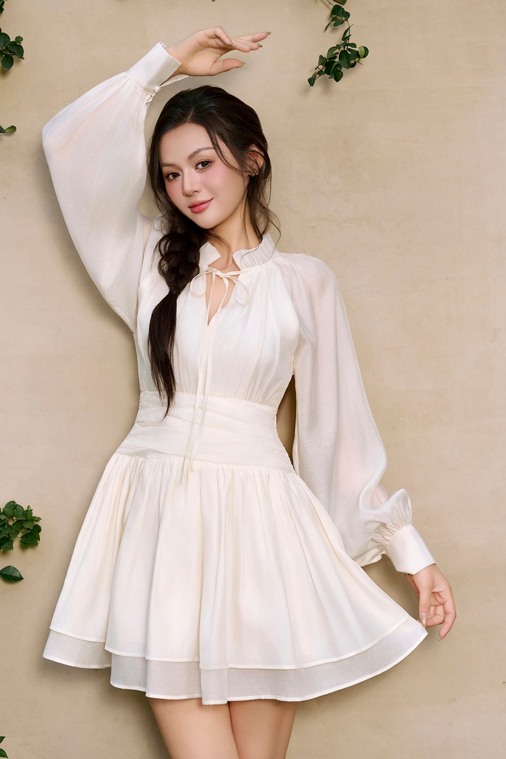 Cosette Billowy Sleeves Ruched Waist Tiered Mini Dress in Ivory