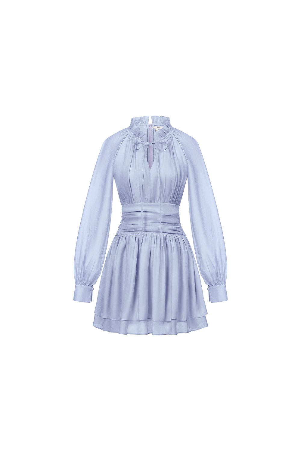 Cosette Billowy Sleeves Ruched Waist Tiered Mini Dress in Pale Blue