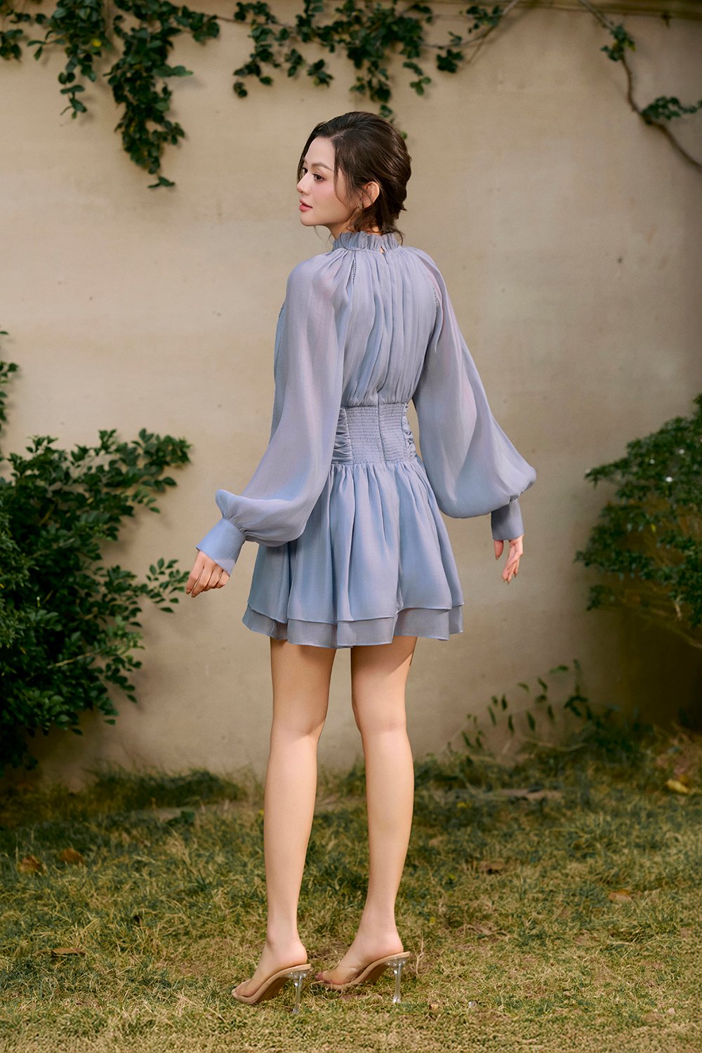 Cosette Billowy Sleeves Ruched Waist Tiered Mini Dress in Pale Blue